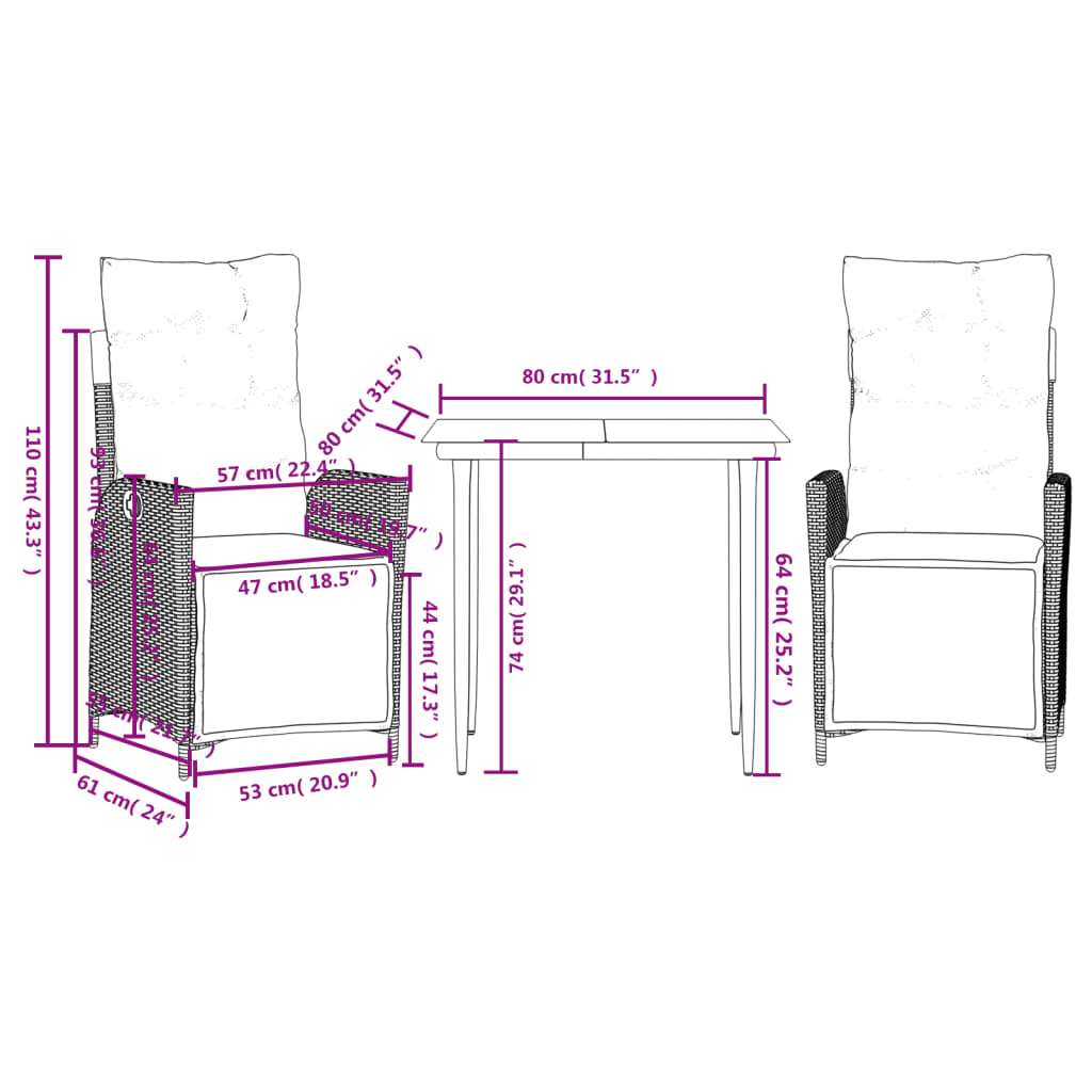 Set da Pranzo da Giardino 3 pz con Cuscini Nero in Polyrattan 3213378