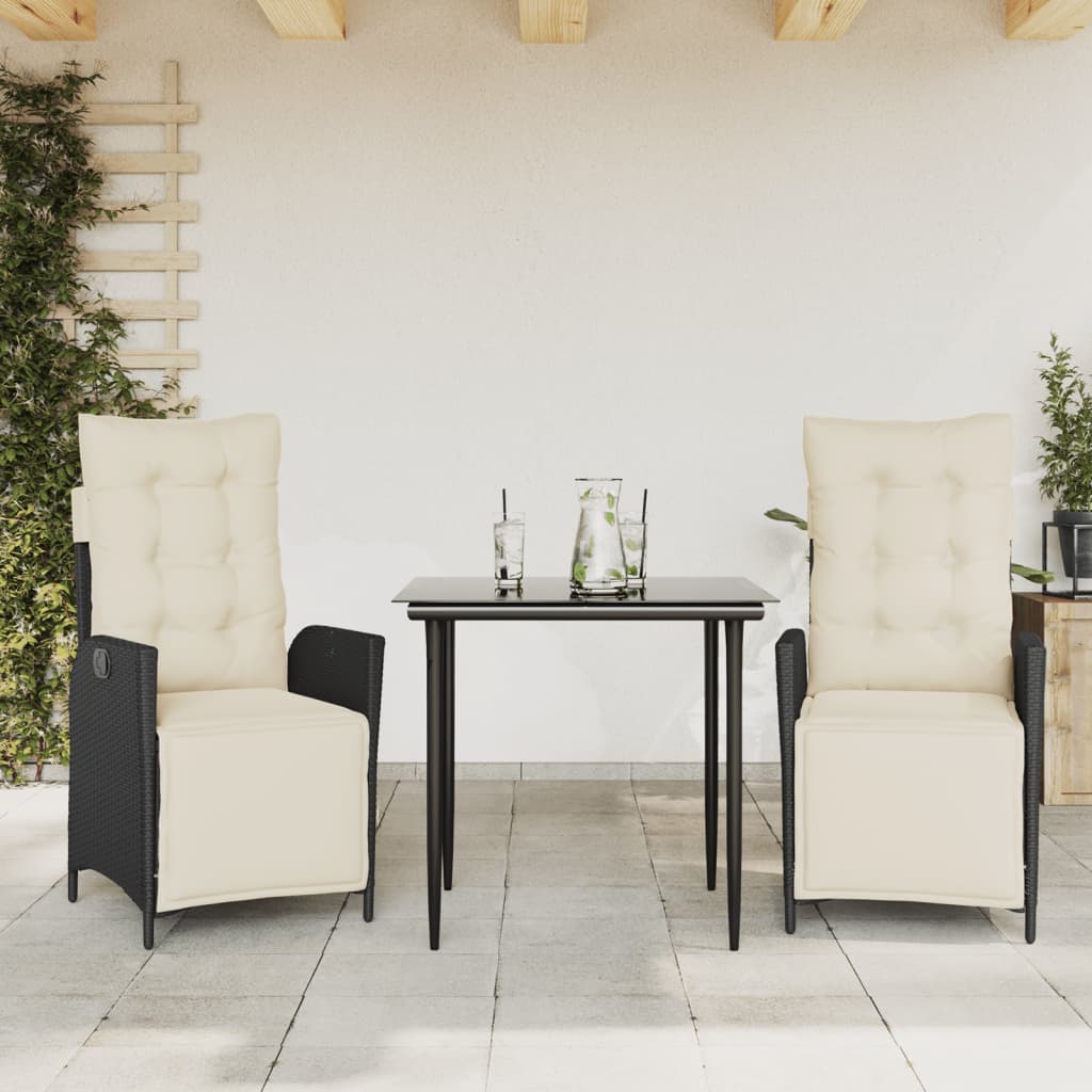 Set da Pranzo da Giardino 3 pz con Cuscini Nero in Polyrattan 3213378