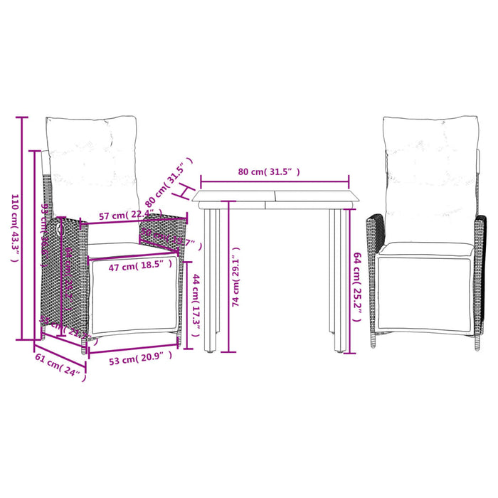 Set da Pranzo da Giardino 3 pz con Cuscini Nero in Polyrattan 3213385