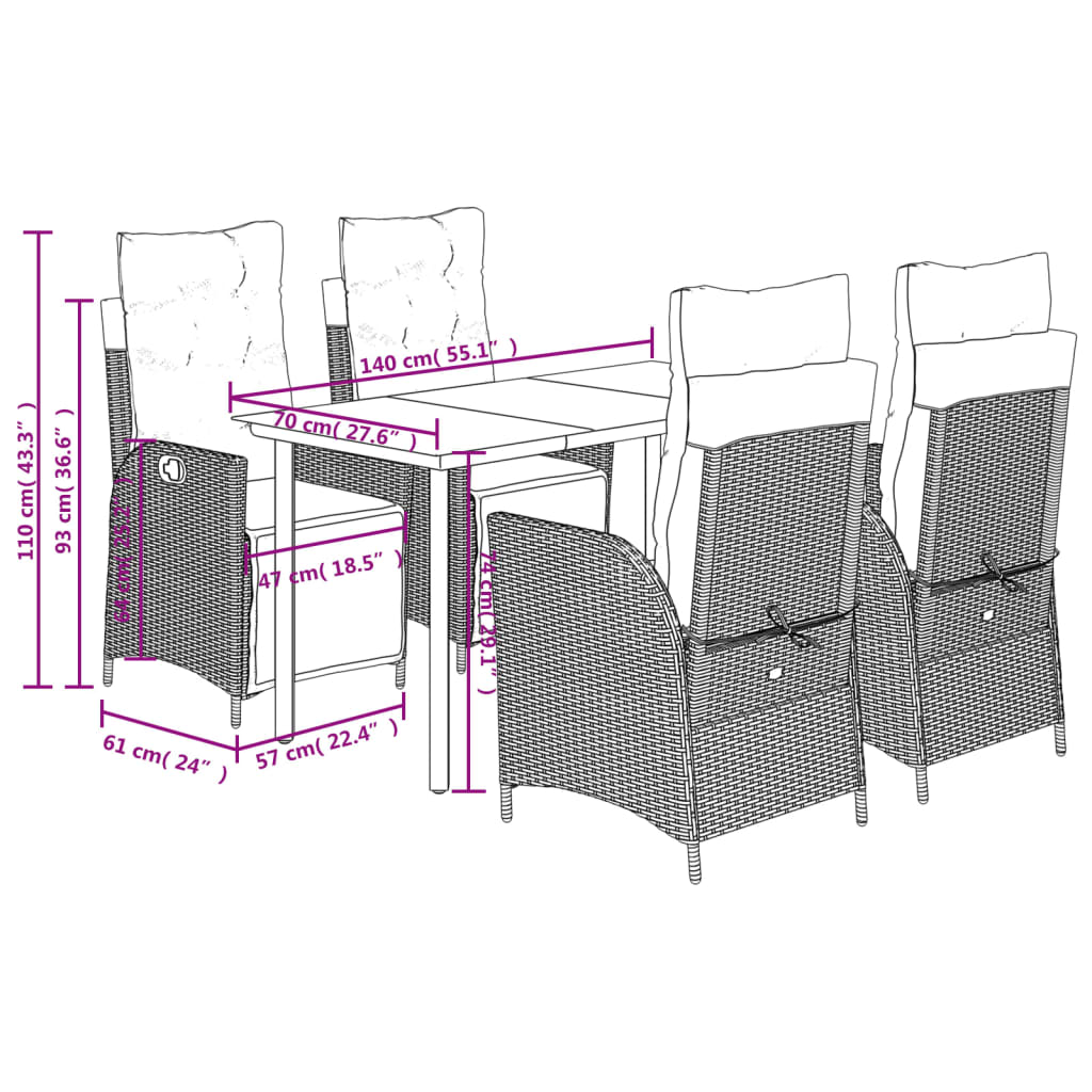 Set da Pranzo da Giardino 5 pz Nero con Cuscini in Polyrattan 3213387