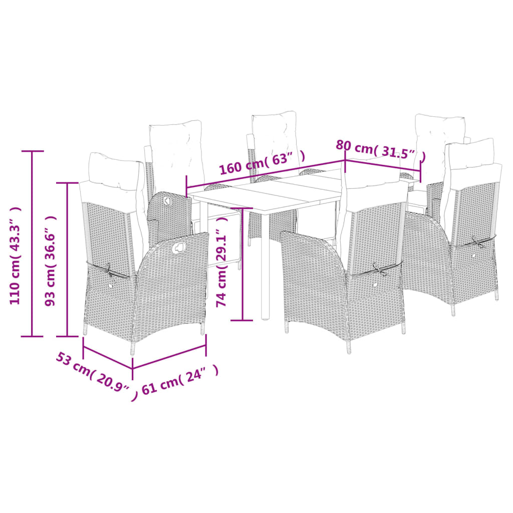 Set da Pranzo da Giardino 7 pz Nero con Cuscini in Polyrattan 3213389