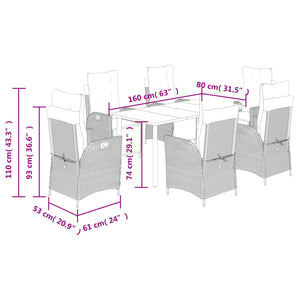 Set da Pranzo da Giardino 7 pz Nero con Cuscini in Polyrattan 3213389