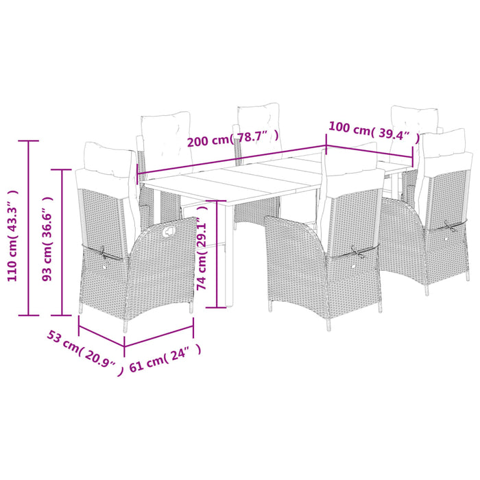 Set da Pranzo da Giardino 7 pz Nero con Cuscini in Polyrattan 3213390