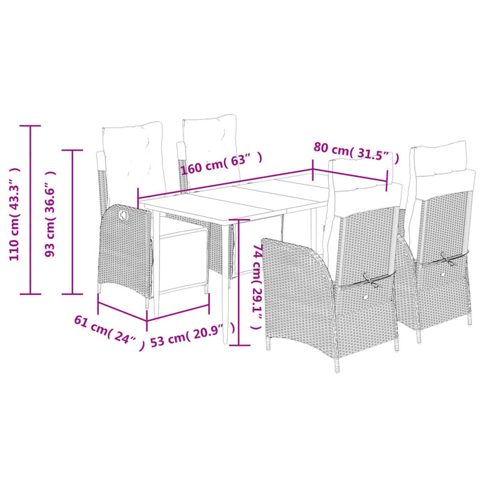 Set da Pranzo da Giardino 5 pz Nero con Cuscini in Polyrattan 3213395