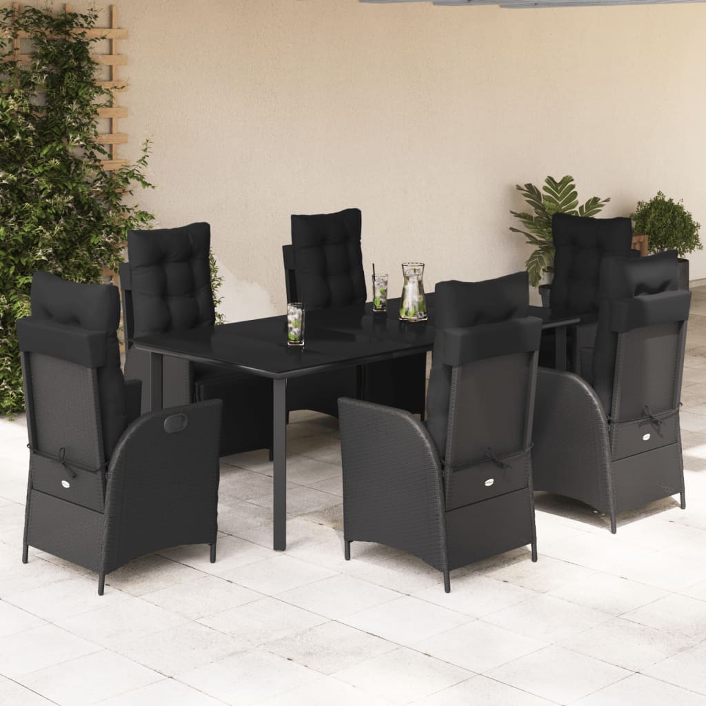 Set da Pranzo da Giardino 7 pz Nero con Cuscini in Polyrattan 3213404