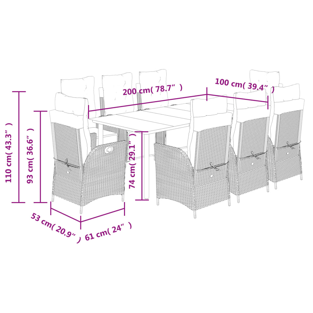 Set da Pranzo da Giardino 9 pz con Cuscini Beige in Polyrattan 3213447