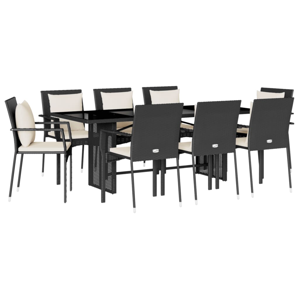 Set da Pranzo da Giardino 9 pz con Cuscini Nero in Polyrattan 3213491