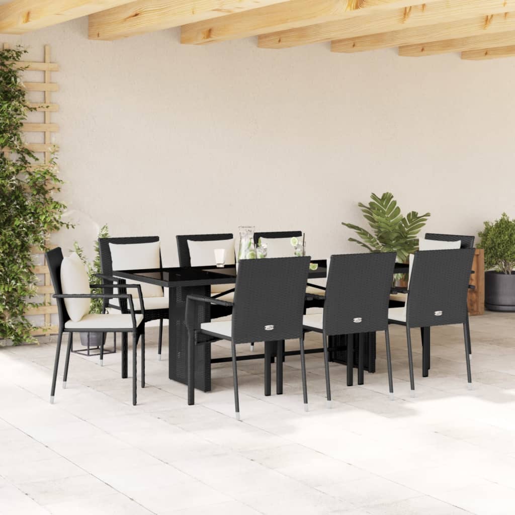 Set da Pranzo da Giardino 9 pz con Cuscini Nero in Polyrattan 3213491