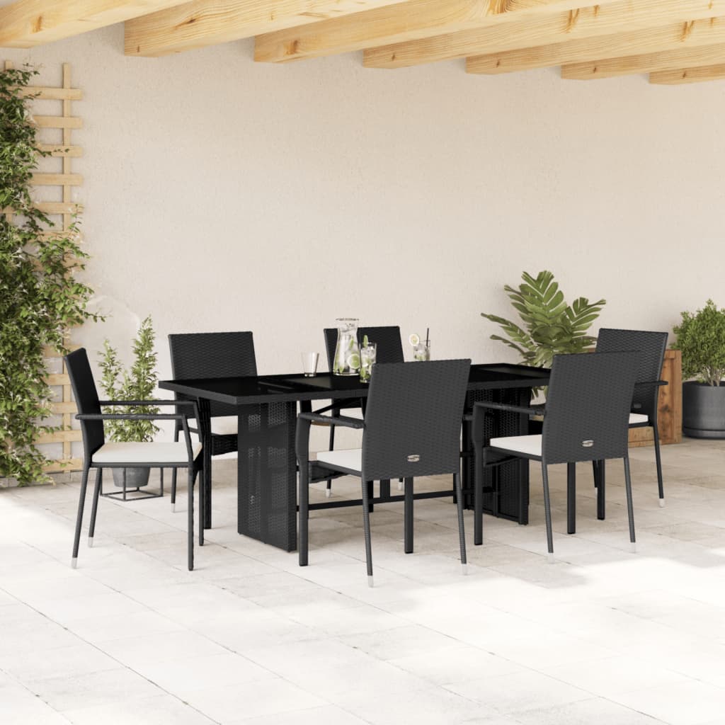 Set da Pranzo da Giardino 7 pz Nero con Cuscini in Polyrattan 3213494