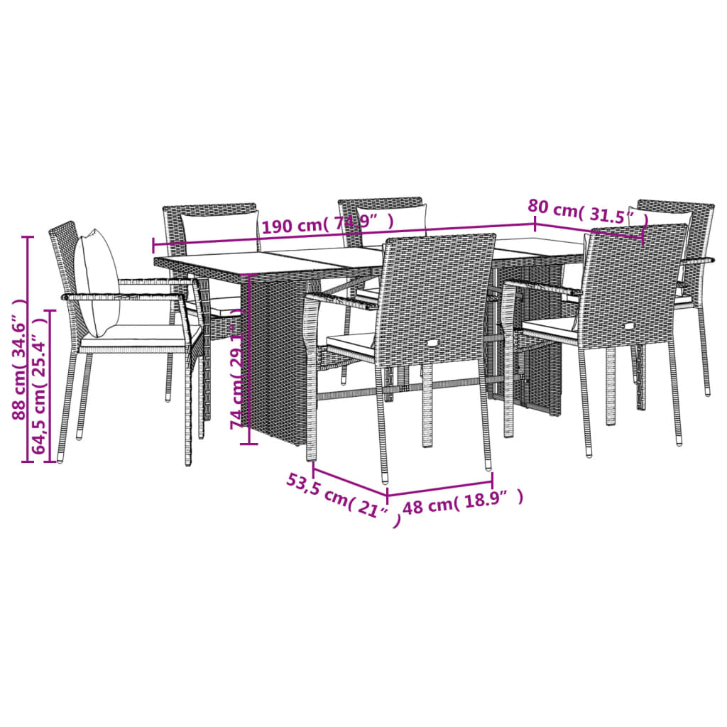 Set da Pranzo da Giardino 7 pz Nero con Cuscini in Polyrattan 3213498