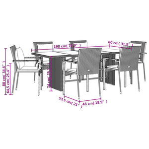 Set da Pranzo da Giardino 7 pz Nero con Cuscini in Polyrattan 3213498