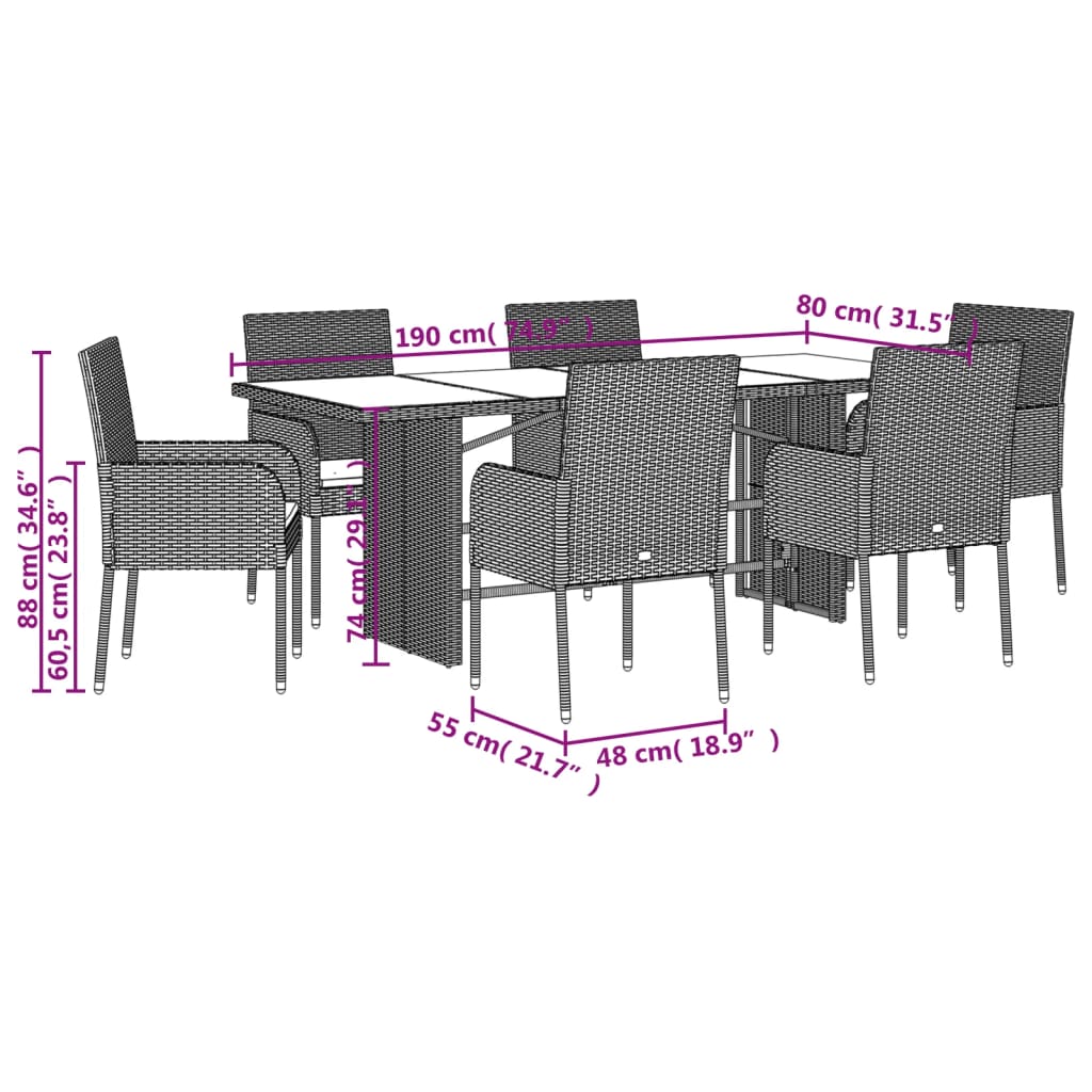 Set da Pranzo da Giardino 7 pz Nero con Cuscini in Polyrattan 3213506