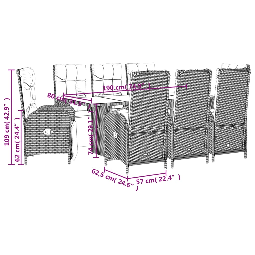 Set da Pranzo da Giardino 9 pz con Cuscini Nero in Polyrattan 3213531