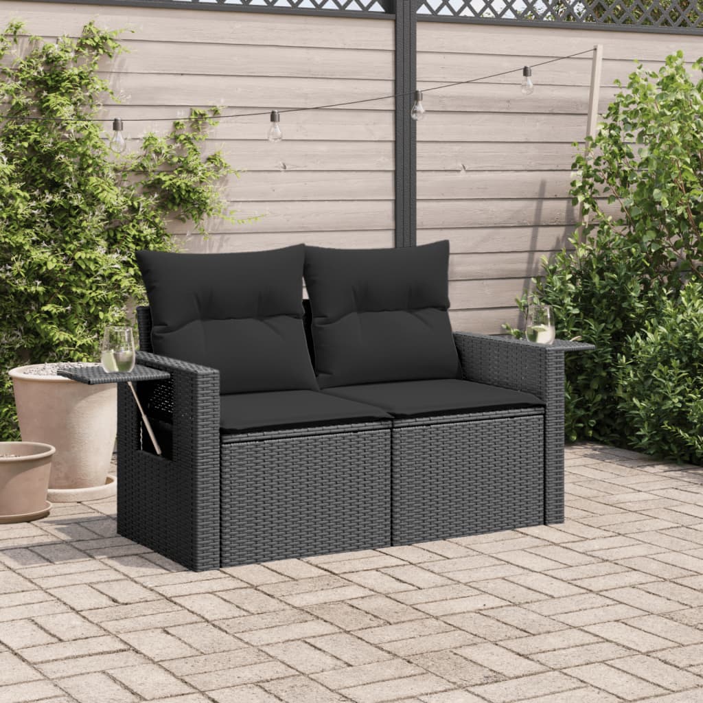 Divano da Giardino con Cuscini a 2 Posti Nero in Polyrattan 365972