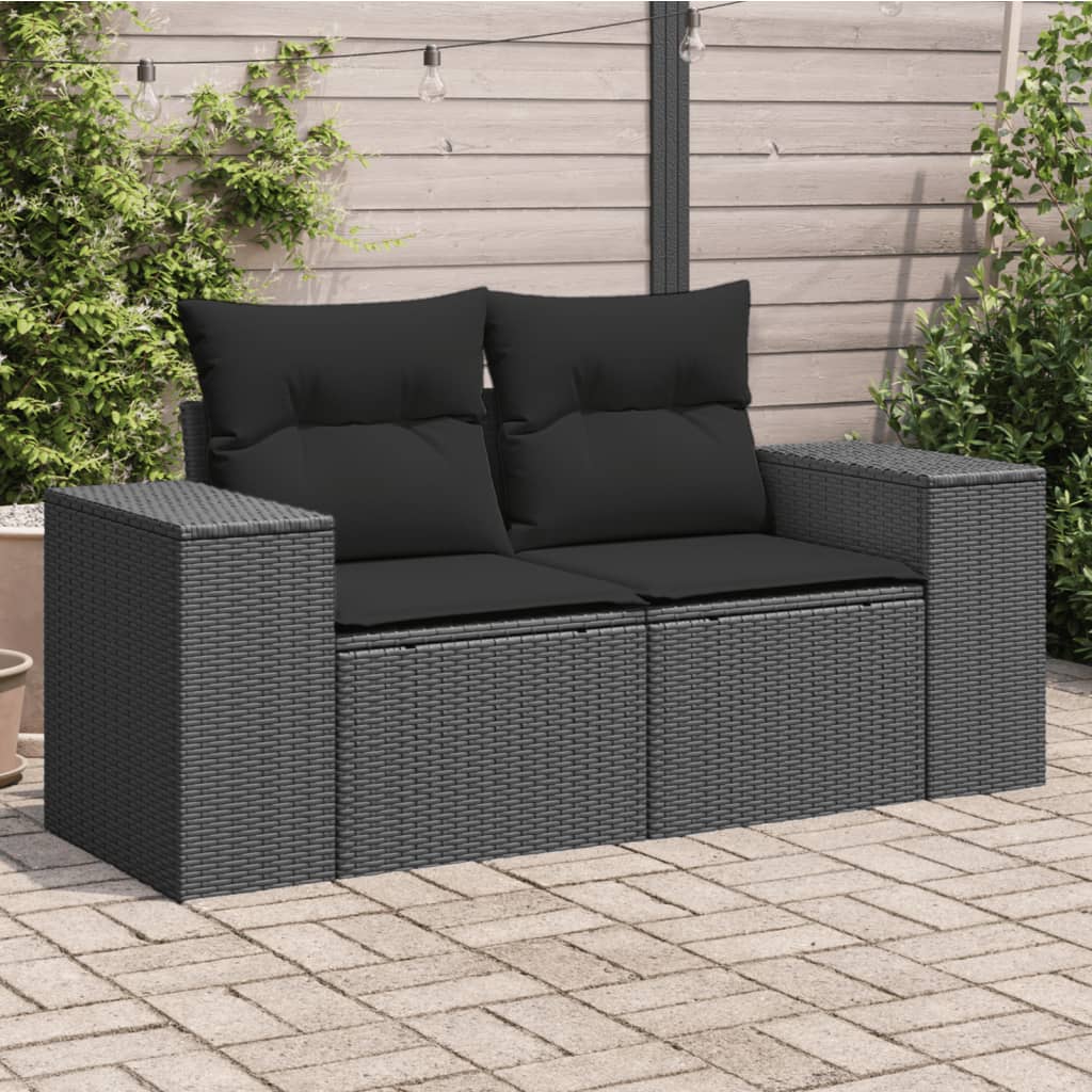 Divano da Giardino con Cuscini a 2 Posti Nero in Polyrattan 365992