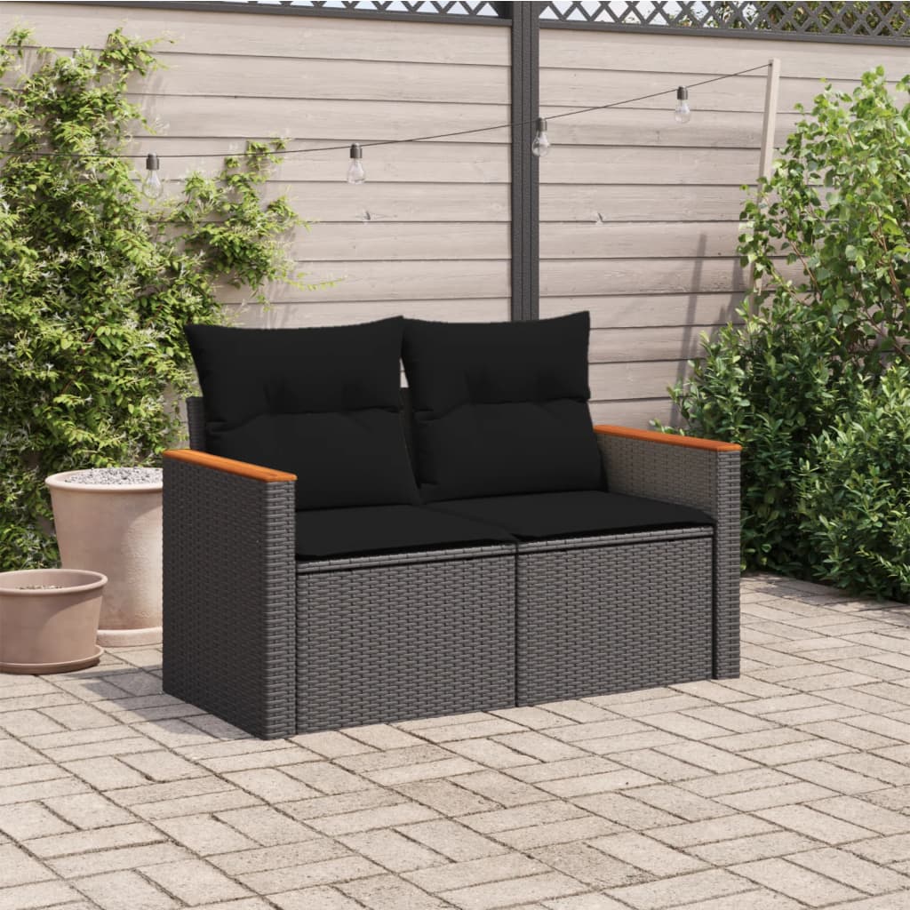 Divano da Giardino con Cuscini a 2 Posti Nero in Polyrattan 365993