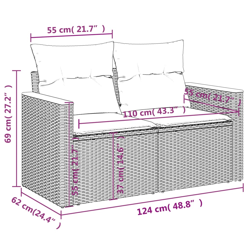 Divano da Giardino con Cuscini a 2 Posti Nero in Polyrattan 365993