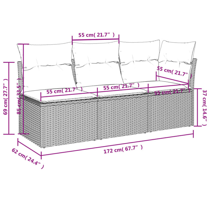 Divano da Giardino con Cuscini 3 Posti Grigio in Polyrattan 366138