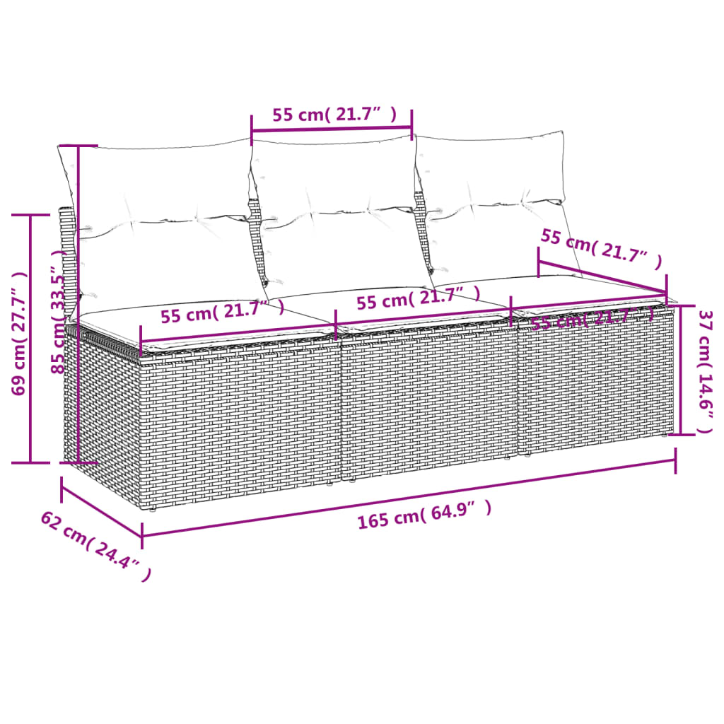 Divano da Giardino con Cuscini 3 Posti Grigio in Polyrattan 366139