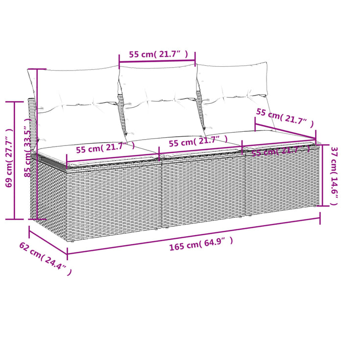 Divano da Giardino con Cuscini 3 Posti Grigio in Polyrattan 366139