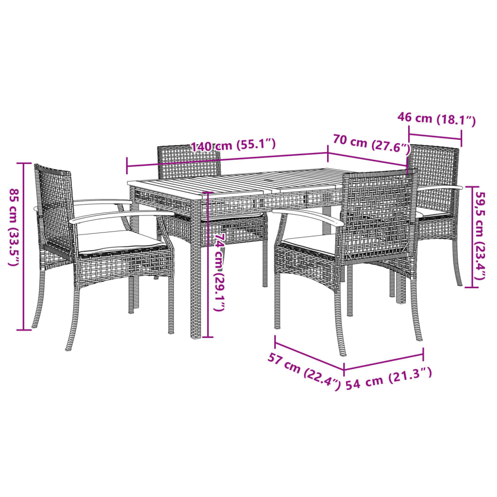 Set da Pranzo da Giardino 5 pz Nero con Cuscini in Polyrattan 3213562