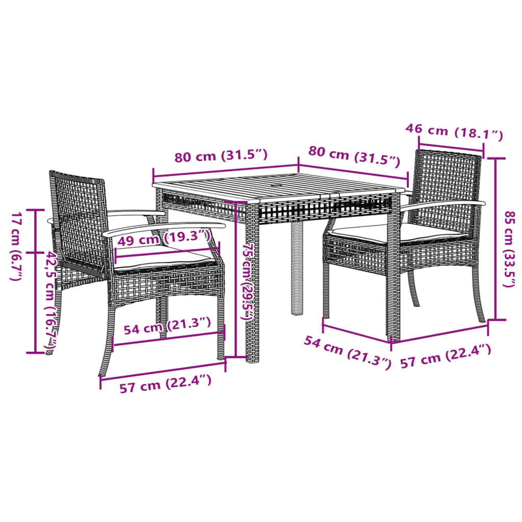 Set da Pranzo da Giardino 3 pz con Cuscini in Polyrattan Grigio 3213569