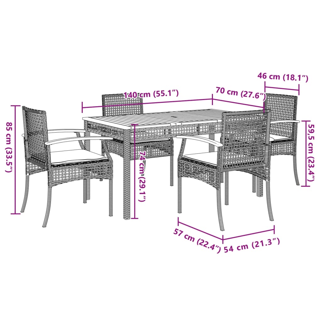 Set da Pranzo da Giardino 5 pz con Cuscini in Polyrattan Grigio 3213571