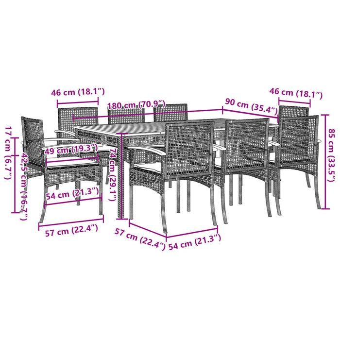 Set da Pranzo da Giardino 9 pz con Cuscini Beige in Polyrattan 3213583