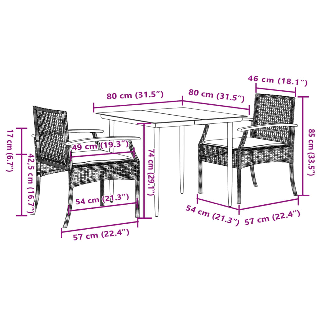 Set da Pranzo da Giardino 3 pz con Cuscini Nero in Polyrattan 3213596