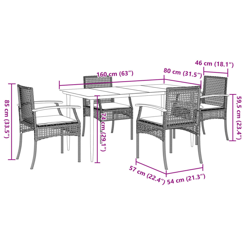 Set da Pranzo da Giardino 5 pz Nero con Cuscini in Polyrattan 3213599