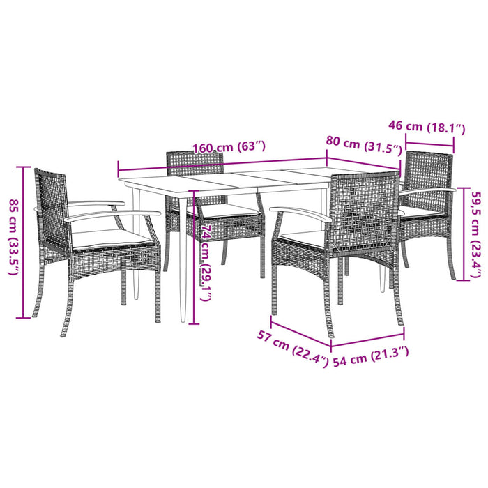 Set da Pranzo da Giardino 5 pz Nero con Cuscini in Polyrattan 3213599