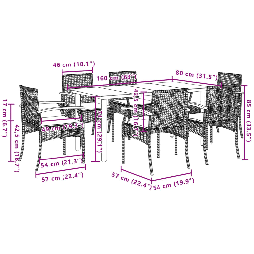 Set da Pranzo da Giardino 7 pz con Cuscini in Polyrattan Grigio 3213621