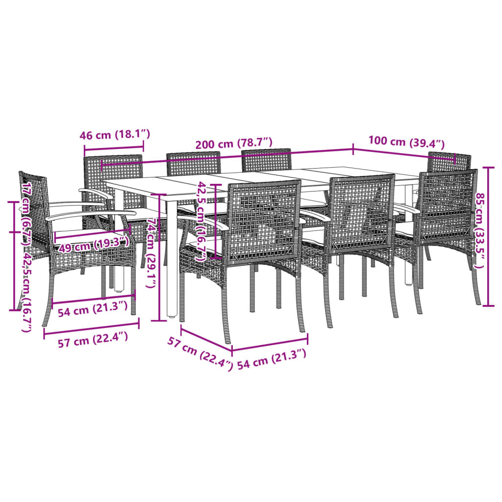 Set da Pranzo da Giardino 9 pz con Cuscini in Polyrattan Grigio 3213623