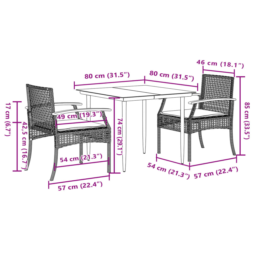 Set da Pranzo da Giardino 3 pz con Cuscini Beige in Polyrattan 3213624