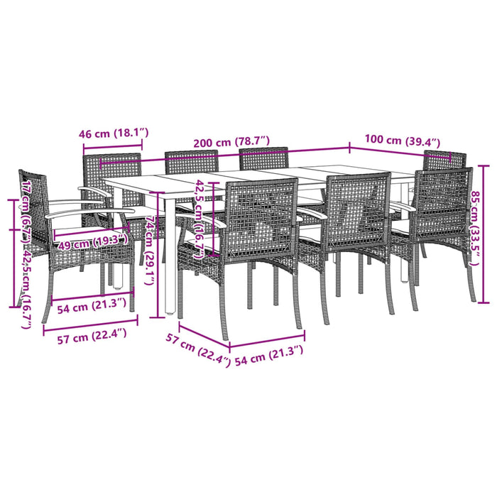 Set da Pranzo da Giardino 9 pz con Cuscini Beige in Polyrattan 3213637