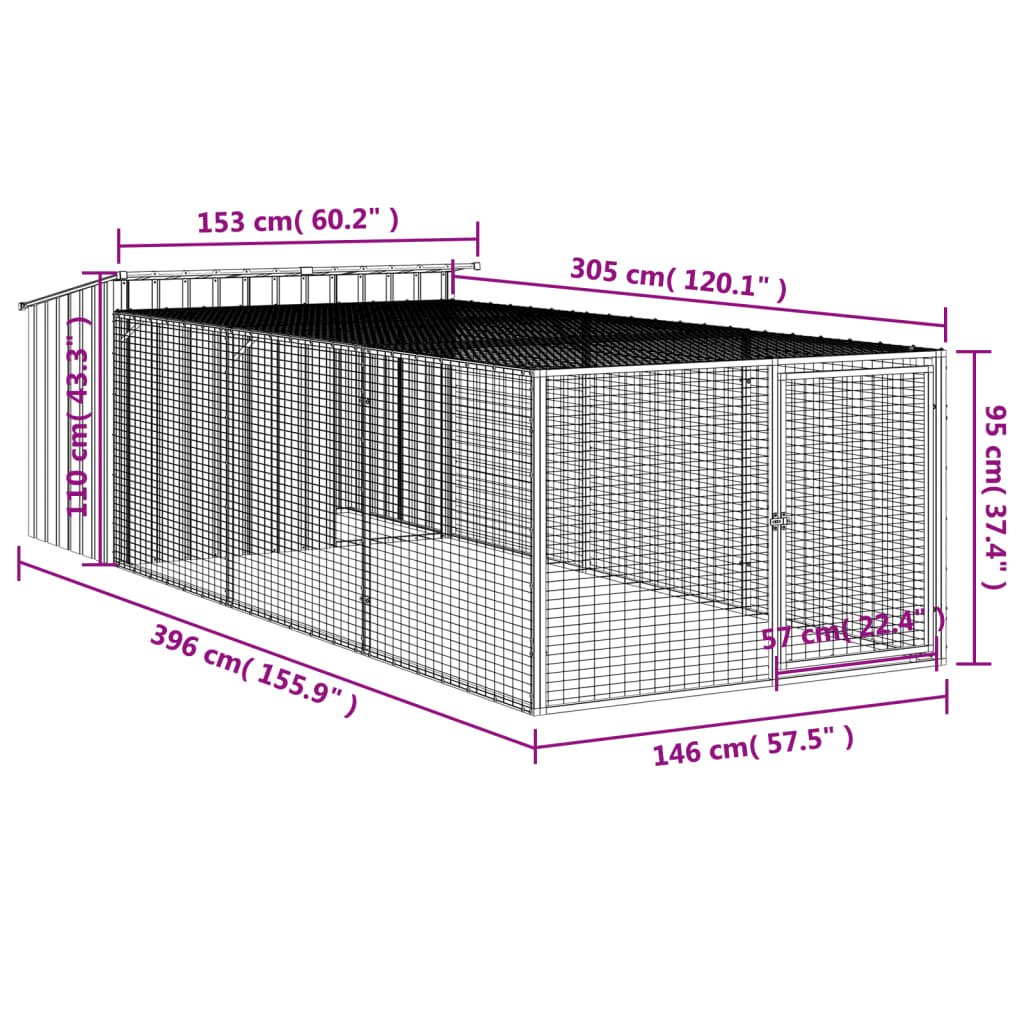 Casetta Cani con Corsa Antracite 153x396x110 cm Acciaio Zincato 3214223