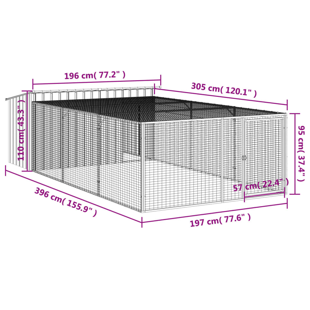 Casetta Cani con Corsa Antracite 197x396x110 cm Acciaio Zincato 3214225