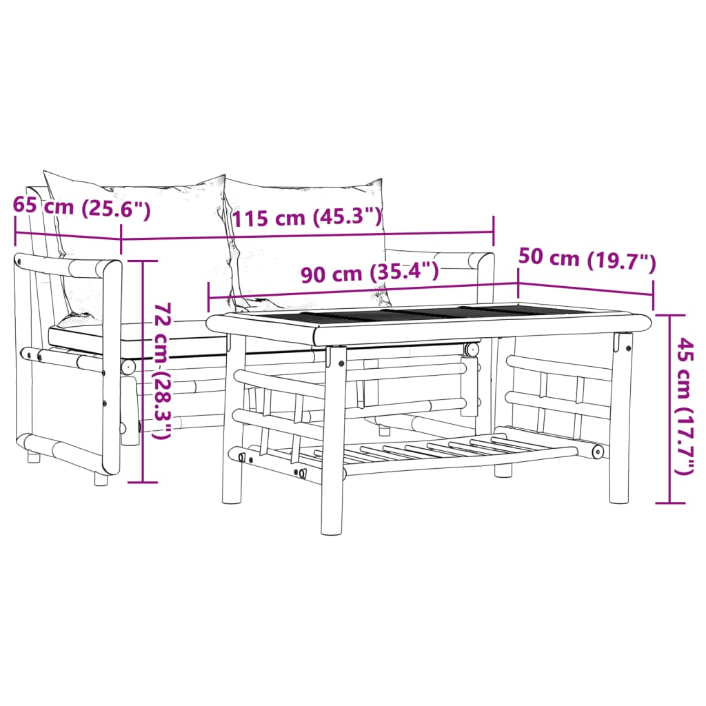 Set Divano da Giardino 2 pz con Cuscini in Bambù 365870