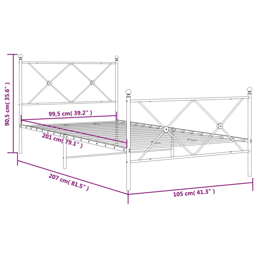 Giroletto con Testiera e Pediera Metallo Nero 100x200 cm 376515