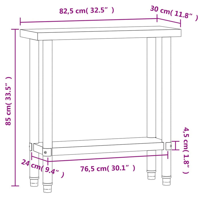 Tavolo da Lavoro da Cucina 82,5x30x85cm in Acciaio Inossidabile 376451