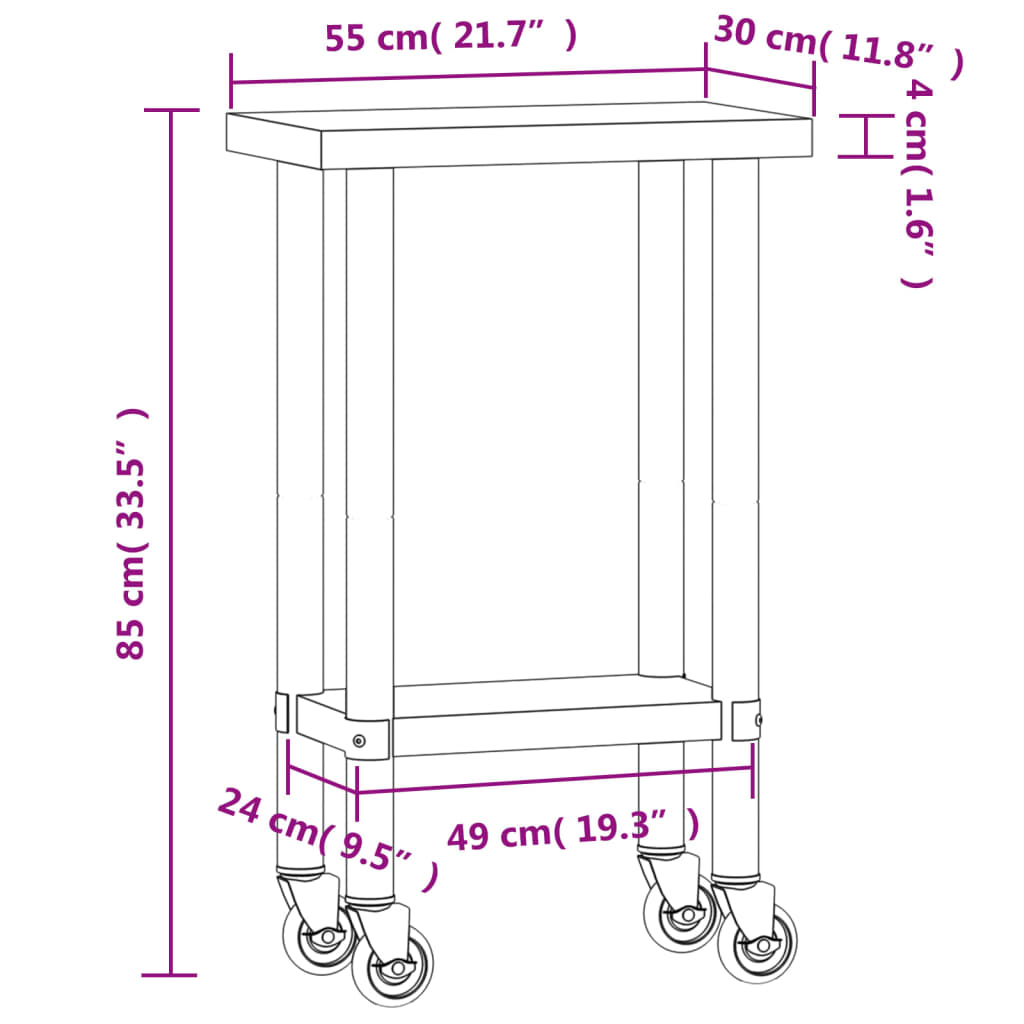 Tavolo da Lavoro Cucina con Ruote 55x30x85 cm in Acciaio Inox 376459