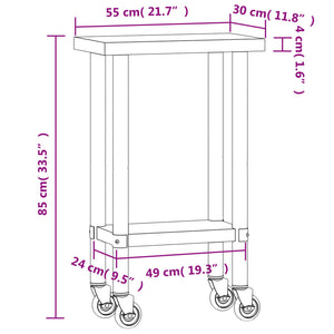 Tavolo da Lavoro Cucina con Ruote 55x30x85 cm in Acciaio Inox 376459