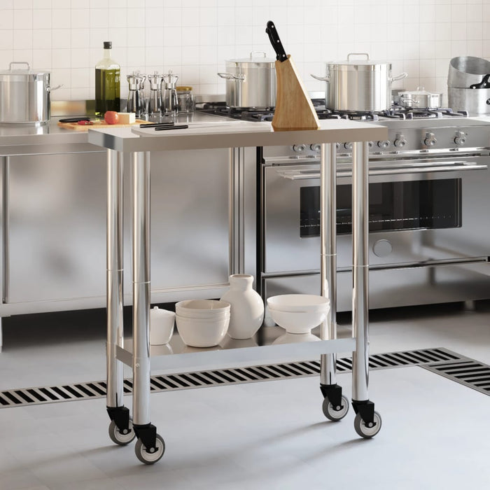 Tavolo da Lavoro Cucina con Ruote 82,5x30x85 cm in Acciaio Inox 376460