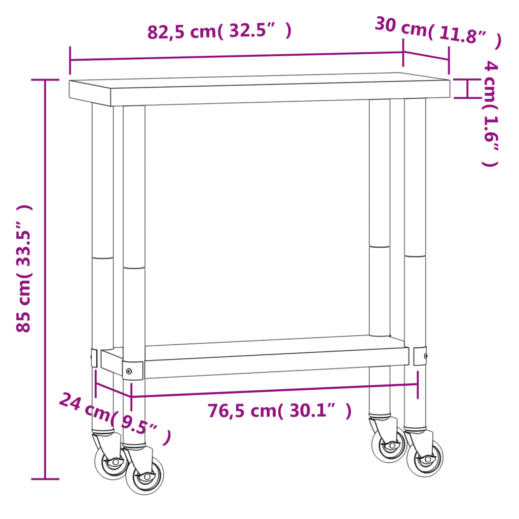 Tavolo da Lavoro Cucina con Ruote 82,5x30x85 cm in Acciaio Inox 376460