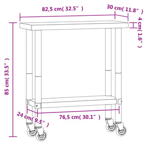 Tavolo da Lavoro Cucina con Ruote 82,5x30x85 cm in Acciaio Inox 376460