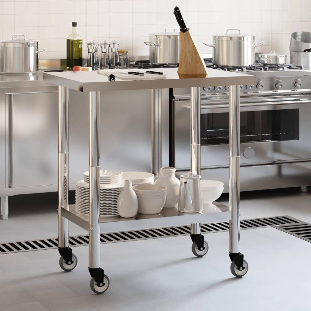 Tavolo da Lavoro Cucina con Ruote 82,5x55x85 cm in Acciaio Inox 376463