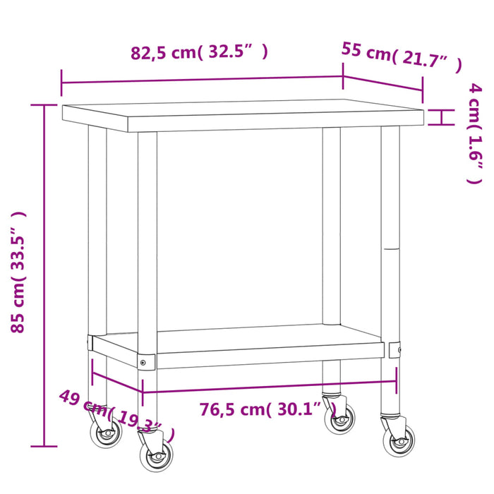 Tavolo da Lavoro Cucina con Ruote 82,5x55x85 cm in Acciaio Inox 376463