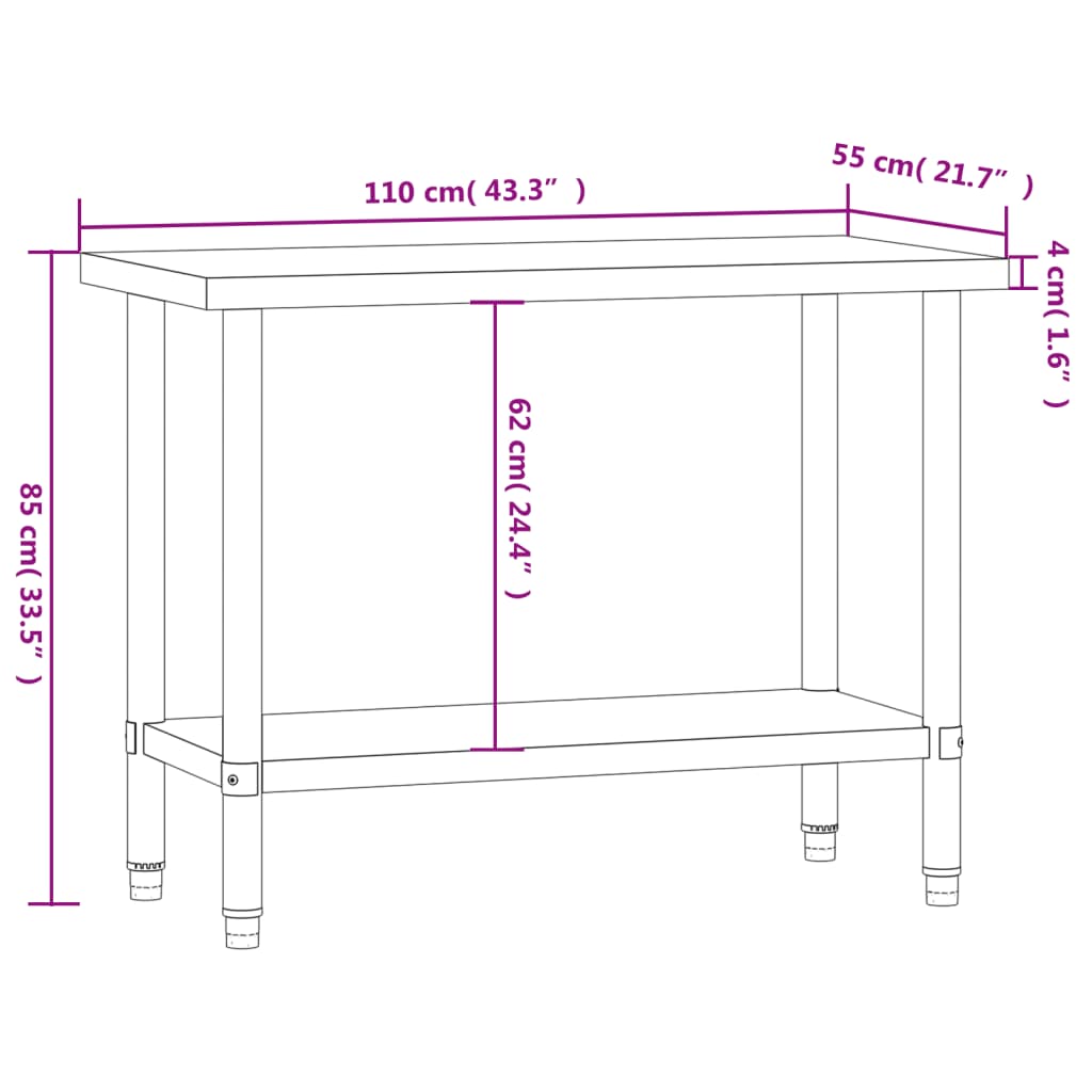 Tavolo da Lavoro da Cucina 110x55x85 cm in Acciaio Inossidabile 376465