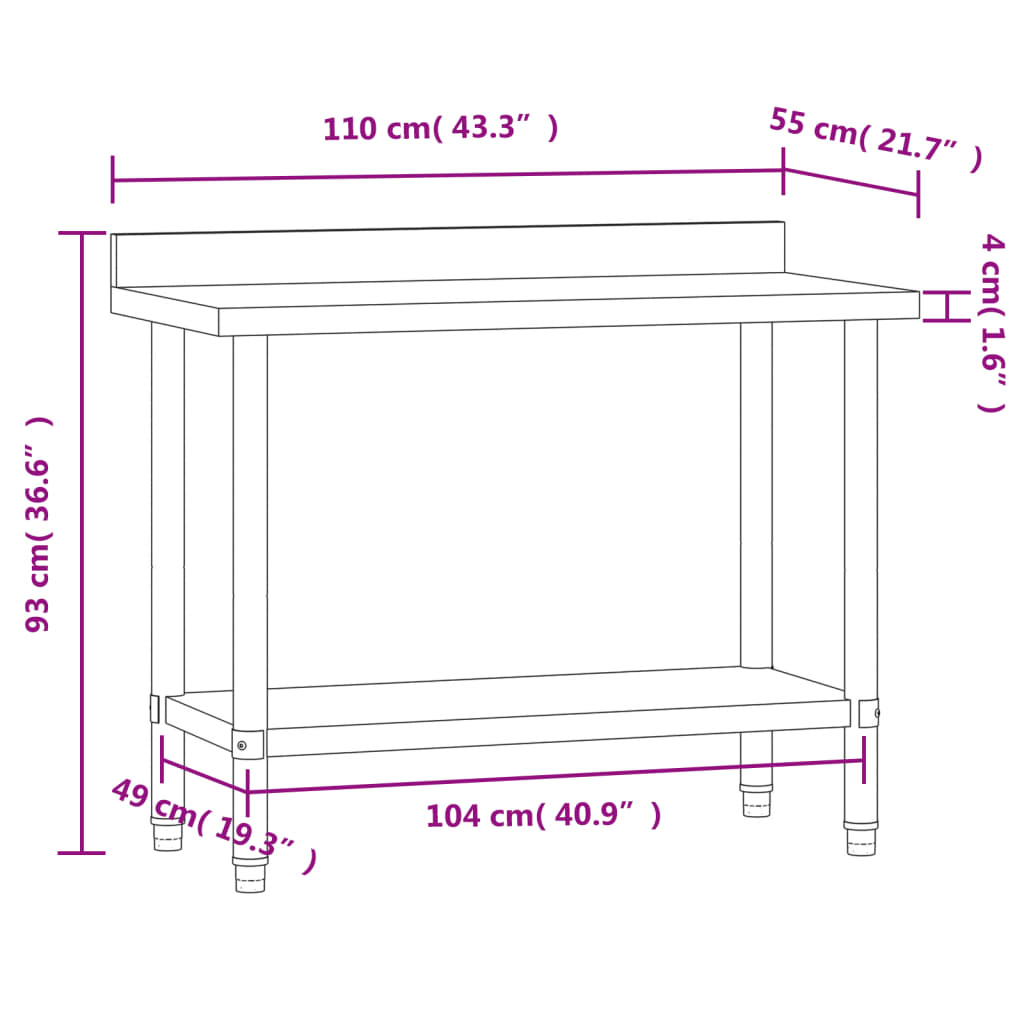 Tavolo Lavoro Cucina con Paraschizzi 110x55x93cm Acciaio Inox 376466