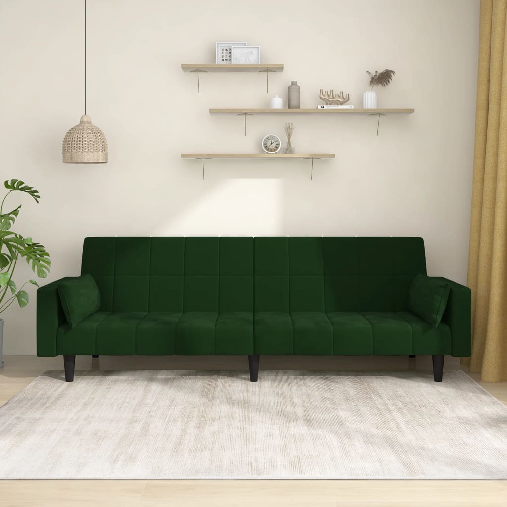 Divano Letto a 2 Posti con 2 Cuscini Verde Scuro in Velluto 375849